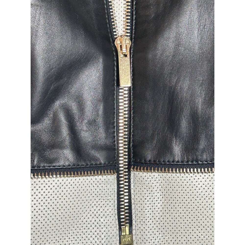 St John Women's Leather Zipper Moto Jacket in Cavier/Cream - Sz 4 - NWT - Picture 7 of 11